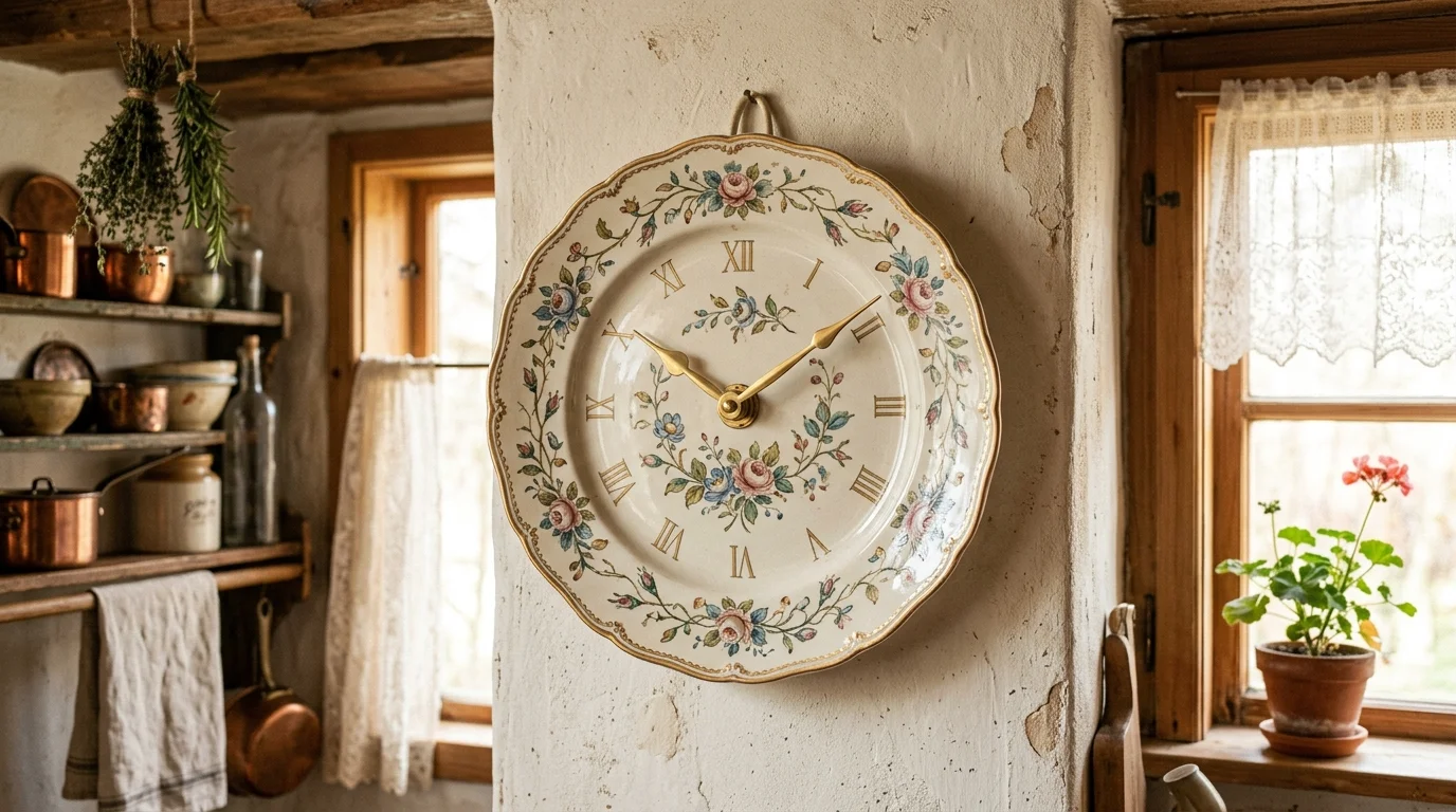 A decorative wall clock made using an old ceramic dinner plate with vintage floral patterns, brass clock hands, rustic kitchen backdrop, soft warm lighting, no people