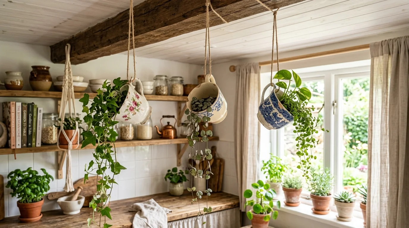A whimsical hanging cup planter project using chipped teacups filled with trailing greenery, suspended from a wooden beam, airy boho kitchen setting, natural sunlight, no people