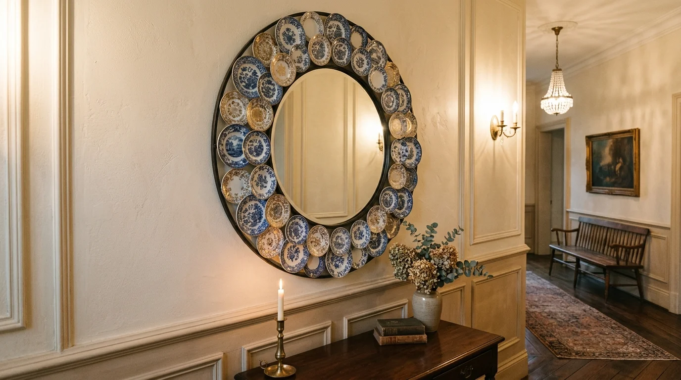 A vintage plate mirror frame with small ornate plates forming a circular border around a round mirror, elegant hallway wall, soft ambient lighting, no people