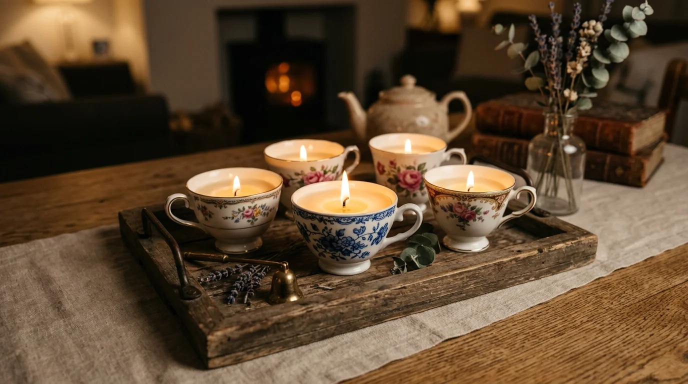 A teacup candle holder arrangement with melted wax inside delicate porcelain cups placed on a wooden tray, romantic warm candlelight glow, cozy table setting, no people