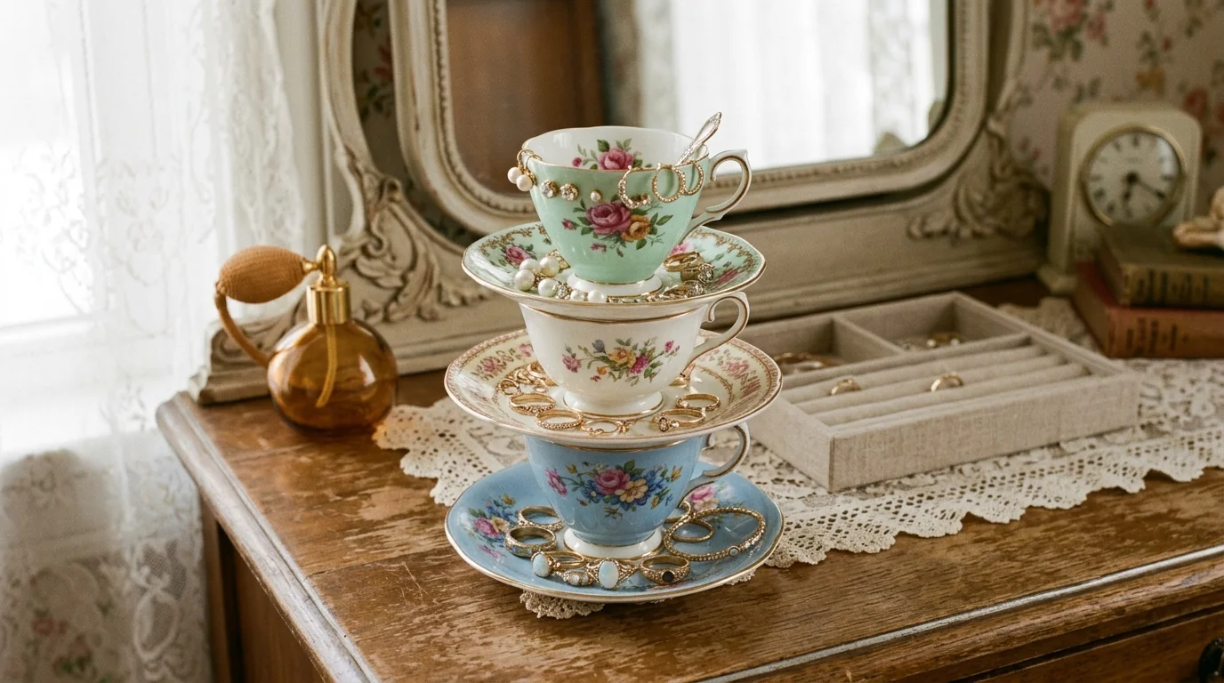 A stacked teacup jewelry holder using mismatched cups and saucers forming a tiered organizer for rings and earrings, soft vanity lighting, vintage bedroom decor, no people