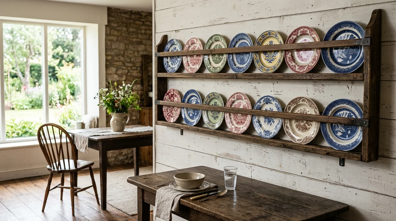 A wall-mounted plate display shelf showcasing antique patterned plates in alternating colors and designs, rustic farmhouse dining room, natural daylight, no people