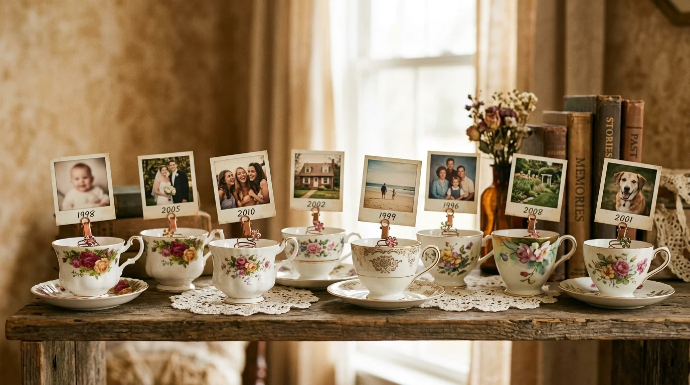 A creative teacup photo holder where small printed photos are clipped into decorated cups arranged on a shelf, nostalgic aesthetic, soft warm lighting, no people