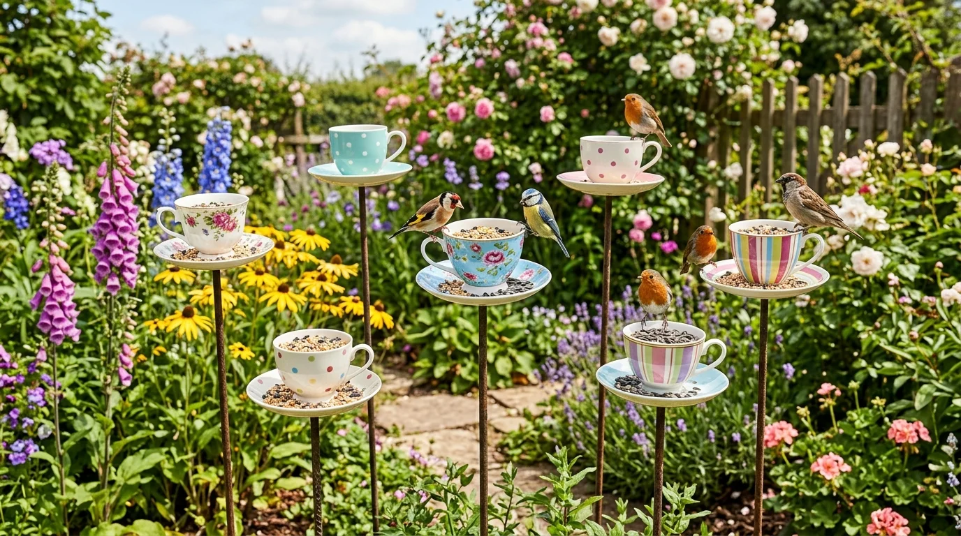 A garden decor idea using old cups and plates as bird feeders mounted on metal rods, surrounded by flowers and greenery, bright outdoor daylight, no people