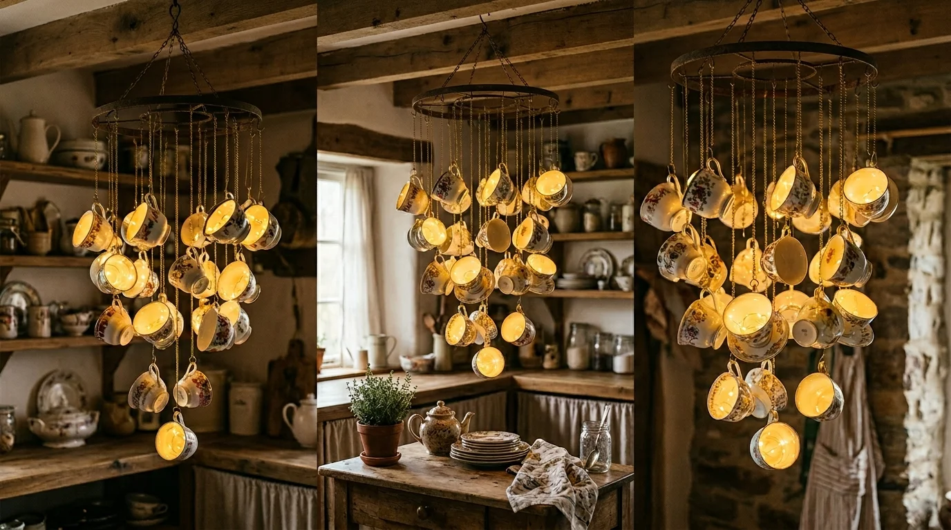 A vintage cup chandelier-inspired hanging decor made of suspended teacups with soft fairy lights inside, dreamy kitchen corner, warm glowing ambiance, no people