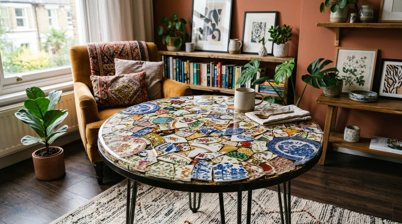 A decorative plate mosaic tabletop where broken vintage plates are arranged into an artistic epoxy resin table surface, modern eclectic interior, soft diffused lighting, no people