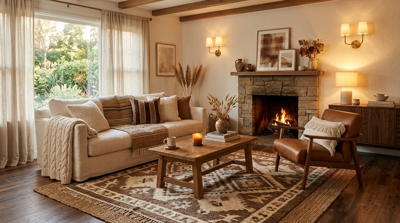 A space with layered tones of brown and cream across rugs cushions and furniture warm ambient lighting inviting balanced design no people