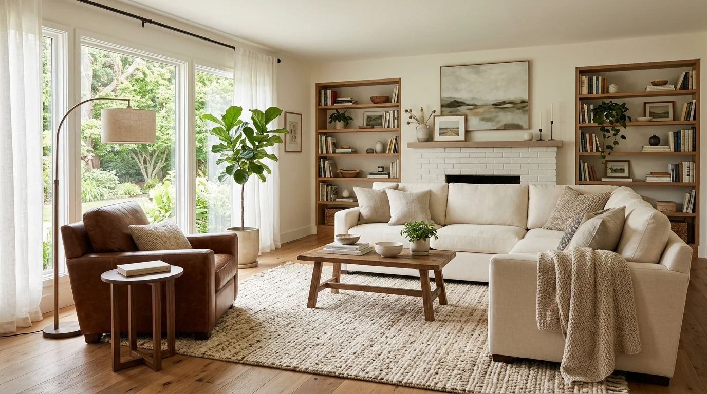 A living room with a cream sectional and brown leather armchair paired with a textured rug bright natural light comfortable cozy atmosphere no people