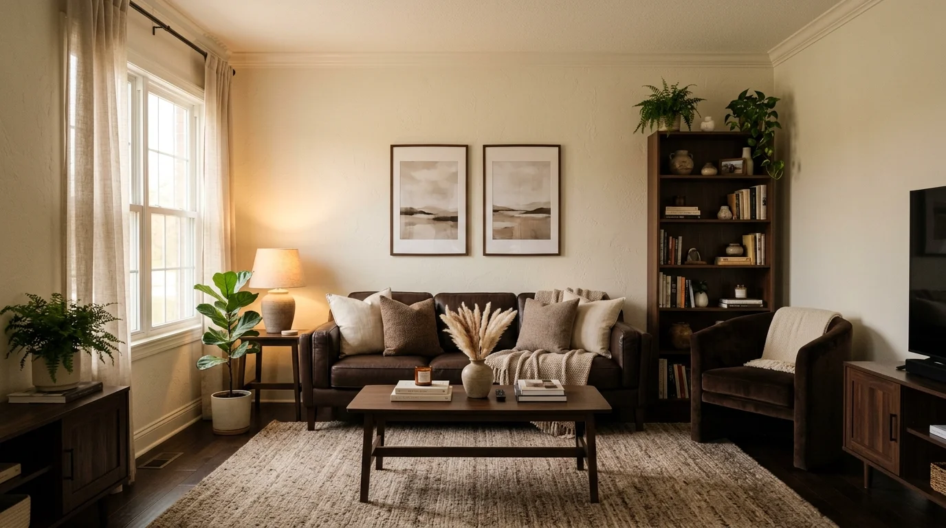 A room with cream walls and brown furniture creating contrast soft lighting warm neutral interior feel no people