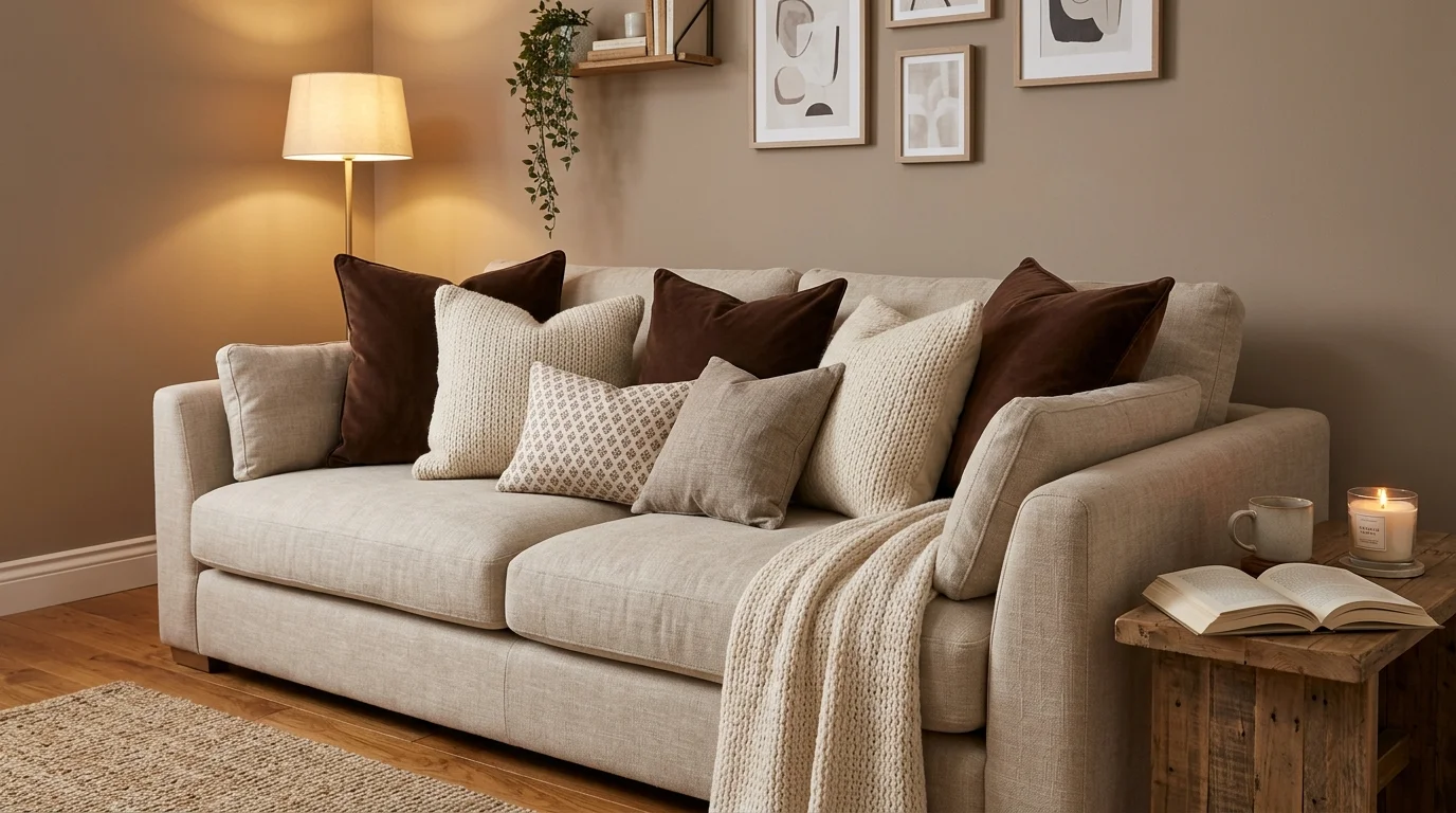 A cozy space with brown and cream cushions layered on a sofa warm soft lighting relaxing harmonious vibe no people