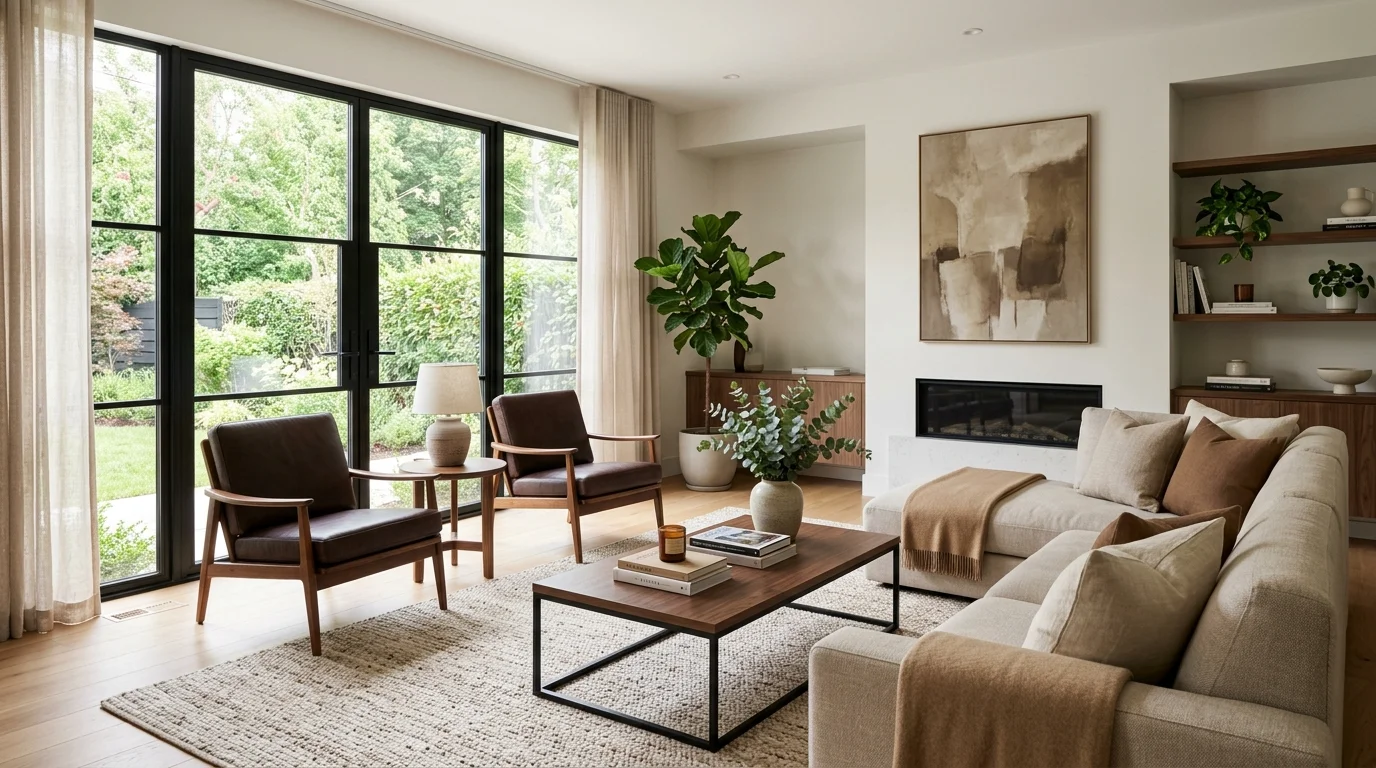 A modern living room with clean lines neutral tones and subtle brown accents bright natural daylight refined cozy style no people