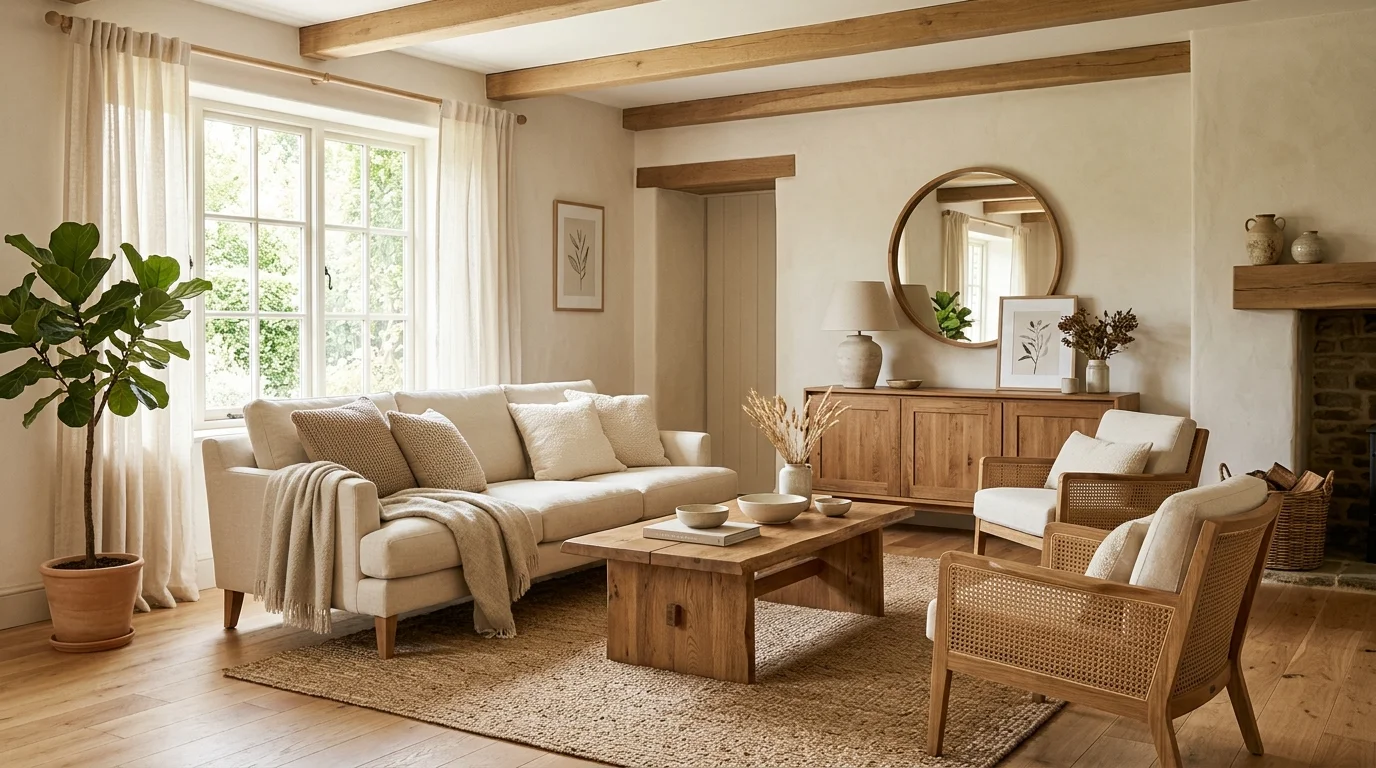 A room with wooden furniture and cream textiles bright lighting earthy balanced neutral design no people