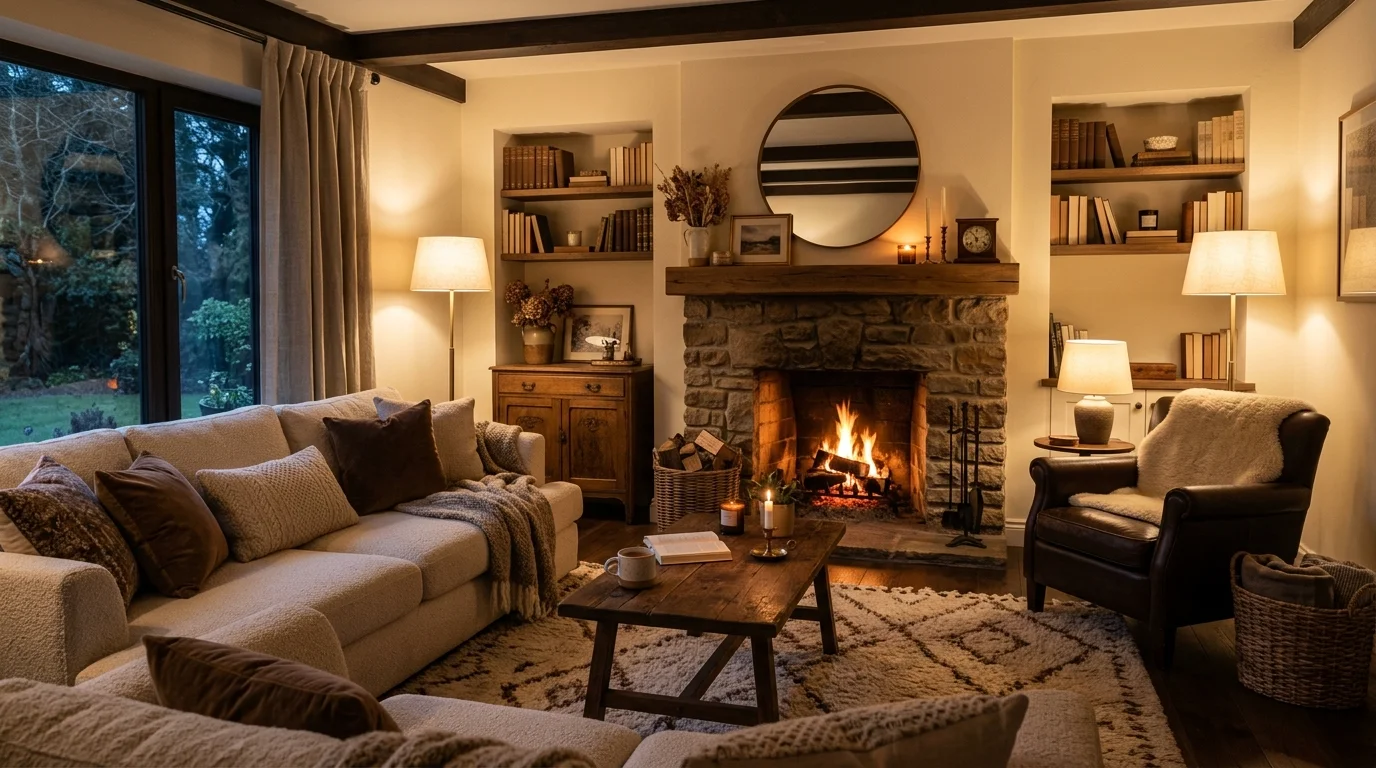 A living room with a fireplace and brown and cream decor warm ambient lighting cozy inviting atmosphere no people