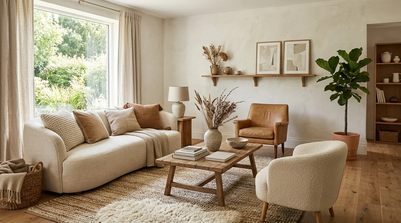 A space with a neutral base and layered textures in brown and cream tones bright natural light harmonious palette no people