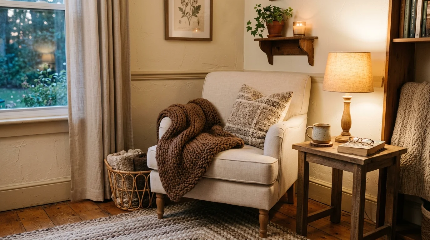 A cozy corner with a cream armchair and brown throw blanket warm lighting inviting relaxing nook no people