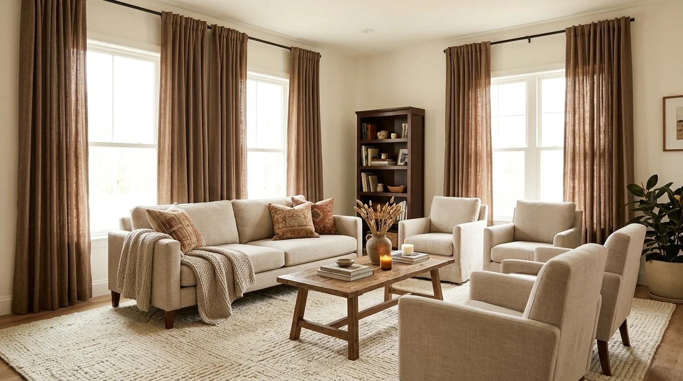 A living room with brown curtains and cream rugs bright natural daylight cohesive warm neutral styling no people