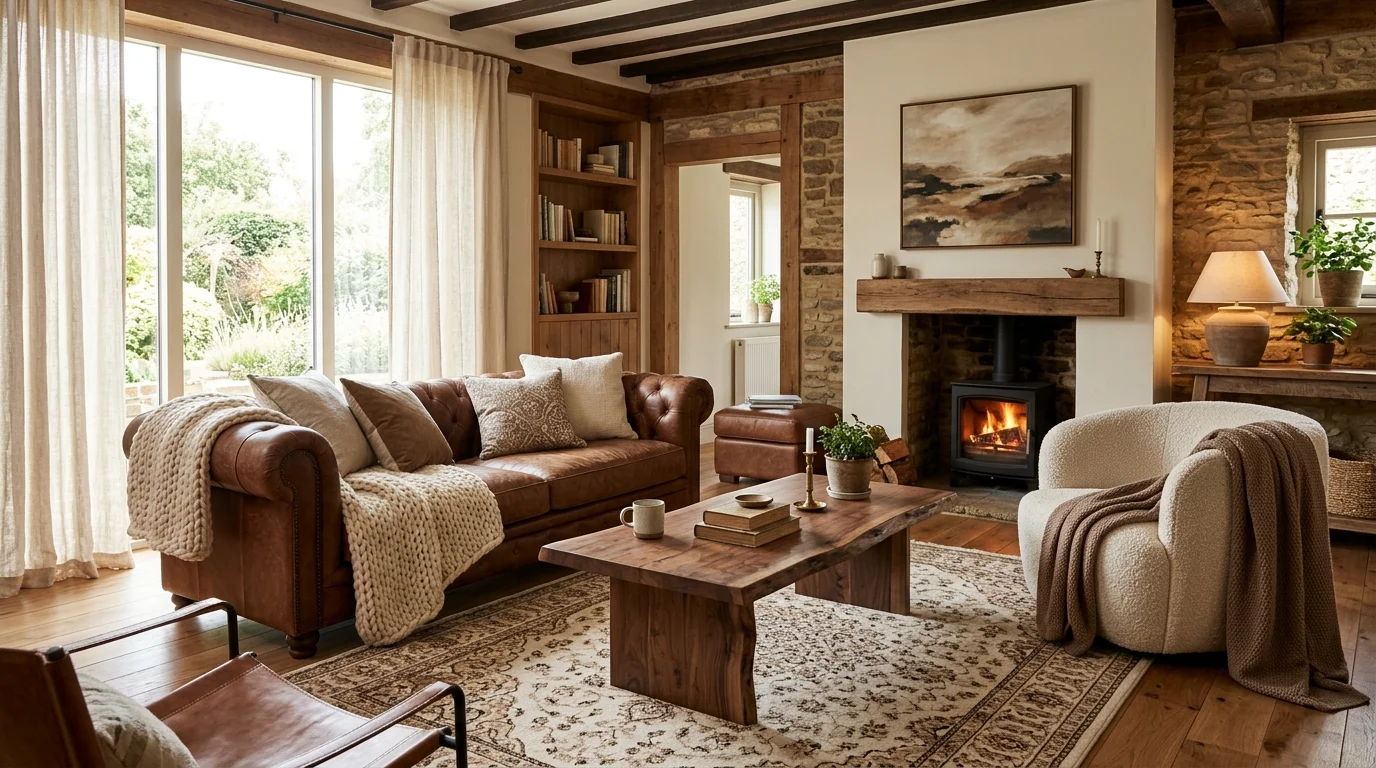 A room with layered textures including wood fabric and leather in brown and cream tones bright lighting rich cozy environment no people