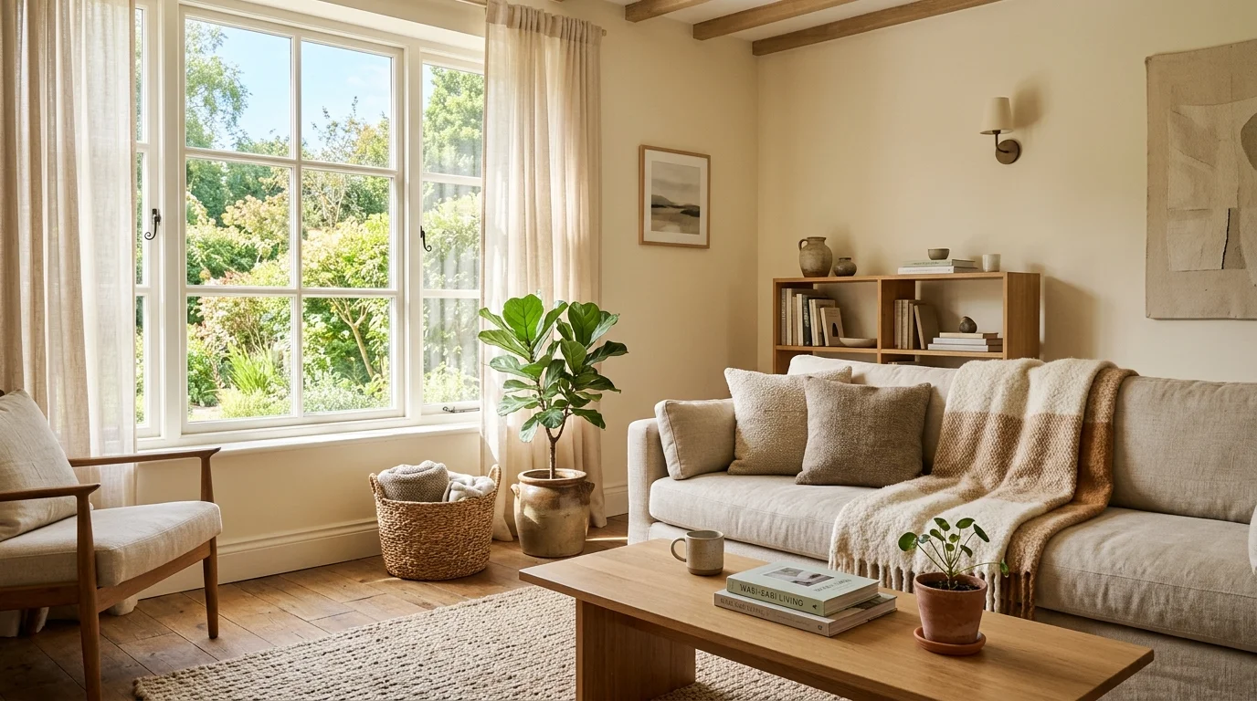 A calm living room with minimal decor and warm neutral tones bright natural daylight serene cozy space