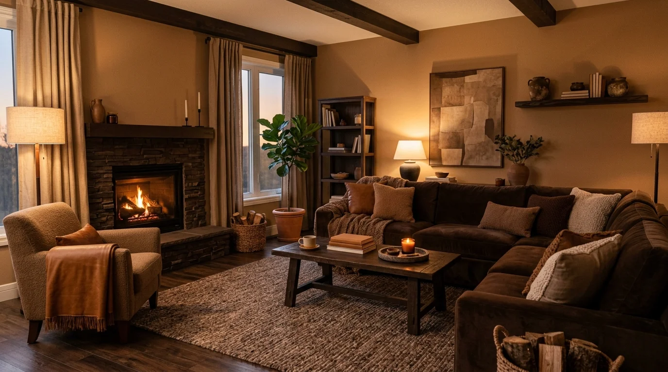 A living room with layered shades of brown including tan caramel and espresso across furniture and textiles warm ambient lighting inviting comfortable space no people