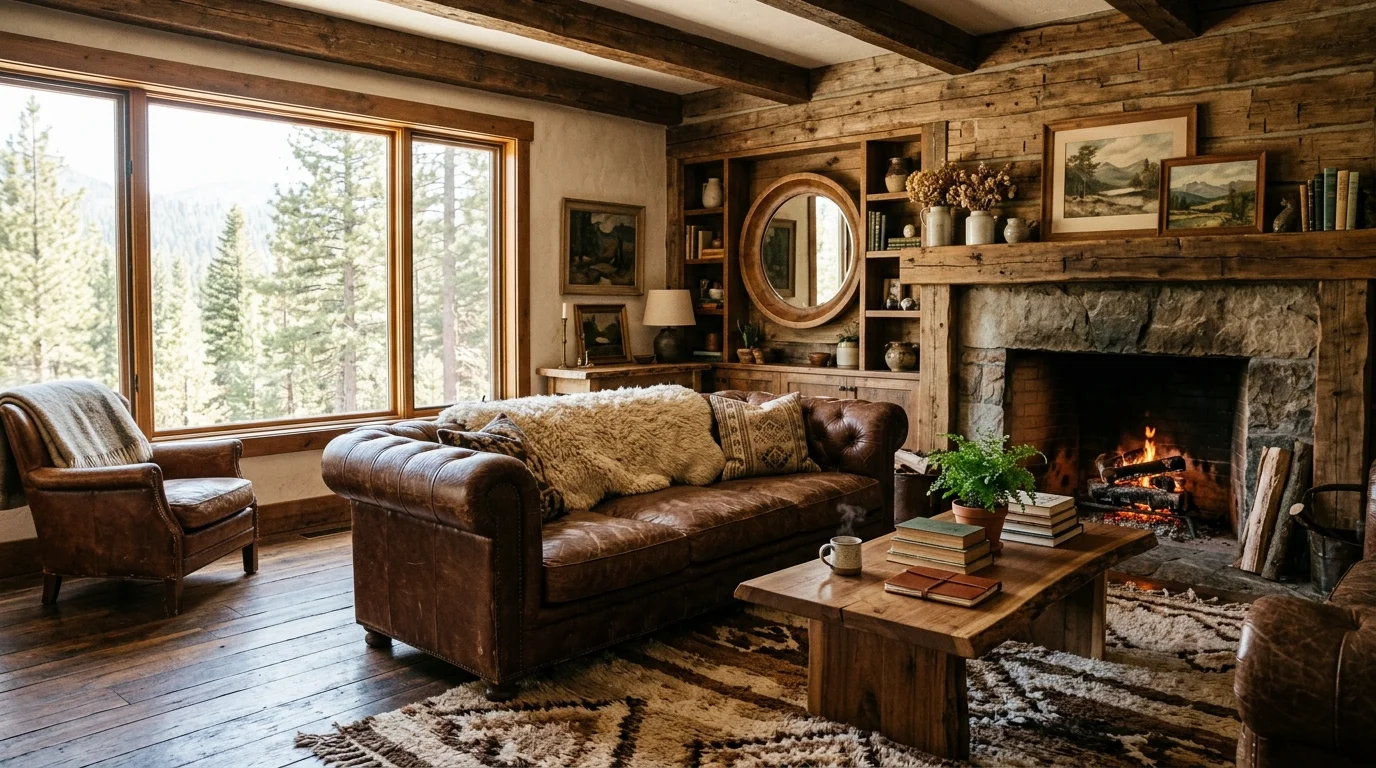A space with a leather sofa wooden accents and a textured rug bright natural light rustic cozy brown themed design no people
