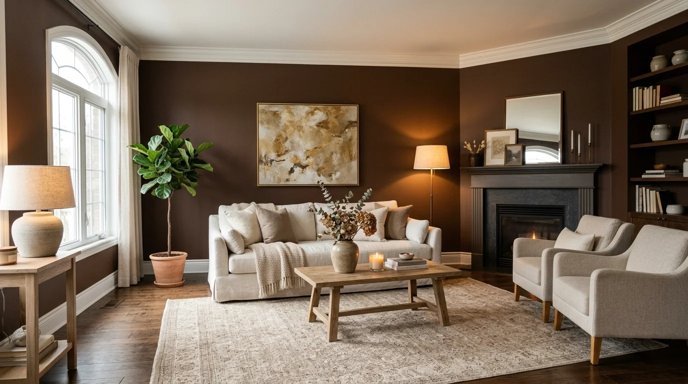 A living room with brown walls and light furniture creating contrast soft lighting rich warm interior feel no people