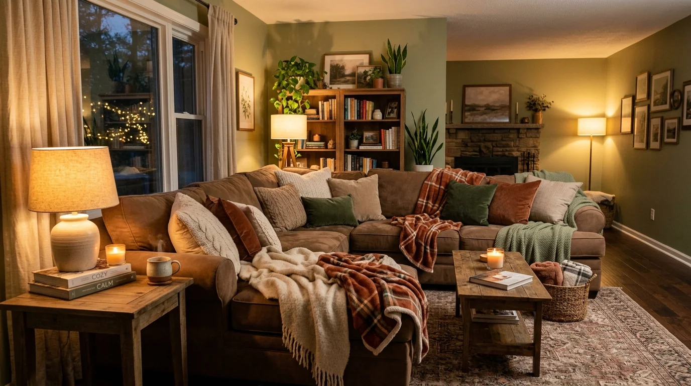 A cozy room with a brown sectional layered with cushions and throws warm soft lighting inviting relaxing vibe no people