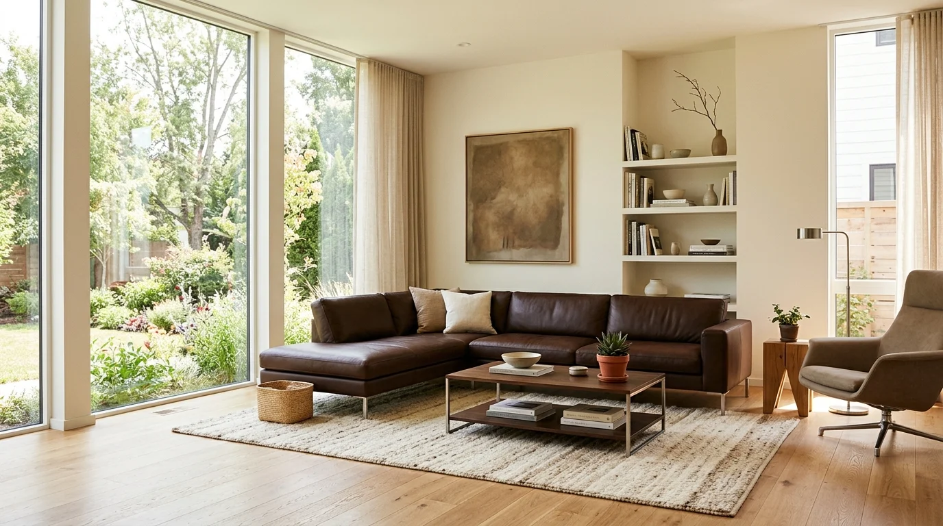 A modern living room with sleek brown furniture and minimalist decor bright natural daylight clean warm aesthetic no people