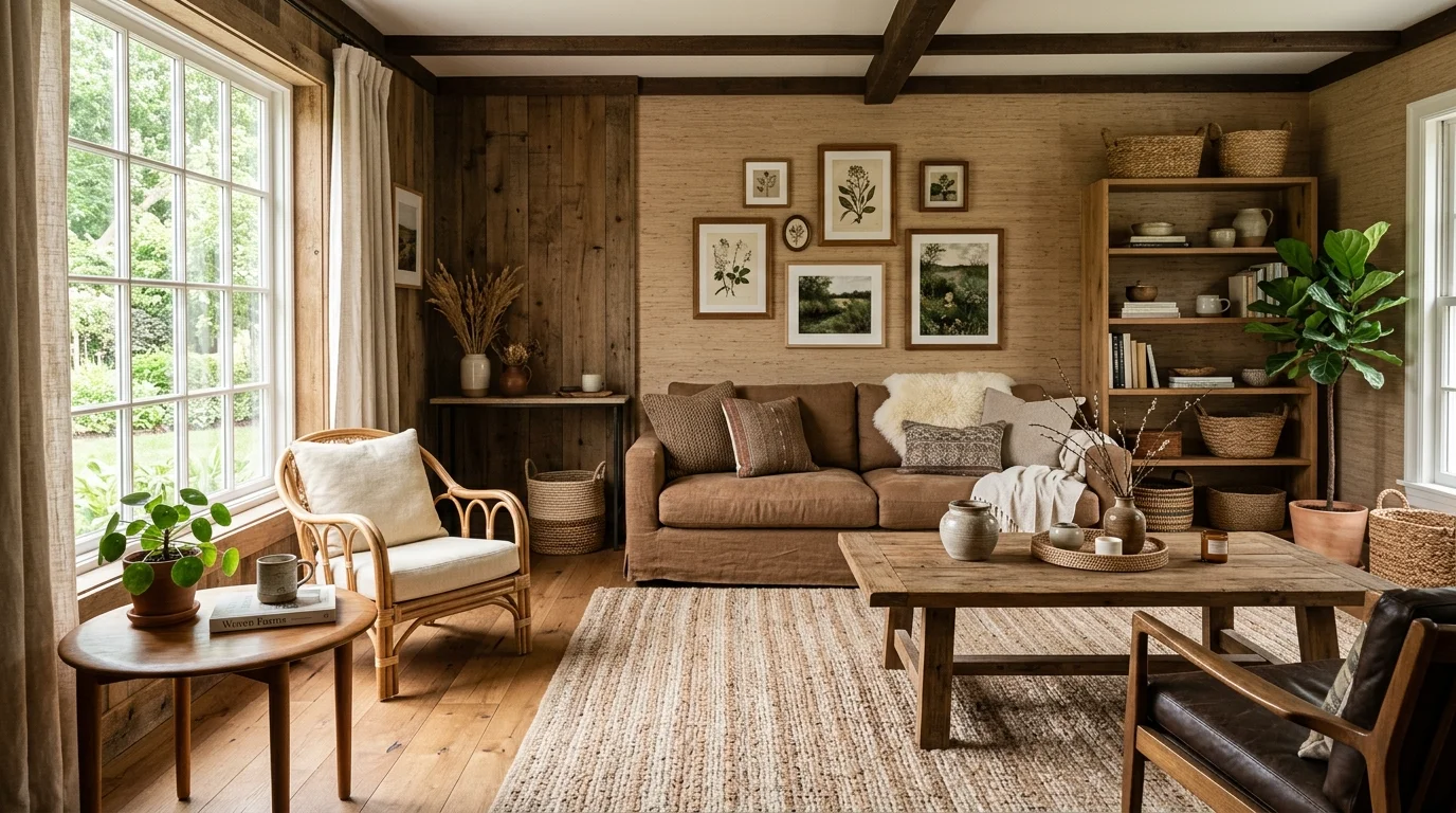 A room with a mix of brown tones and natural materials like wood and woven textures bright lighting earthy balanced design no people