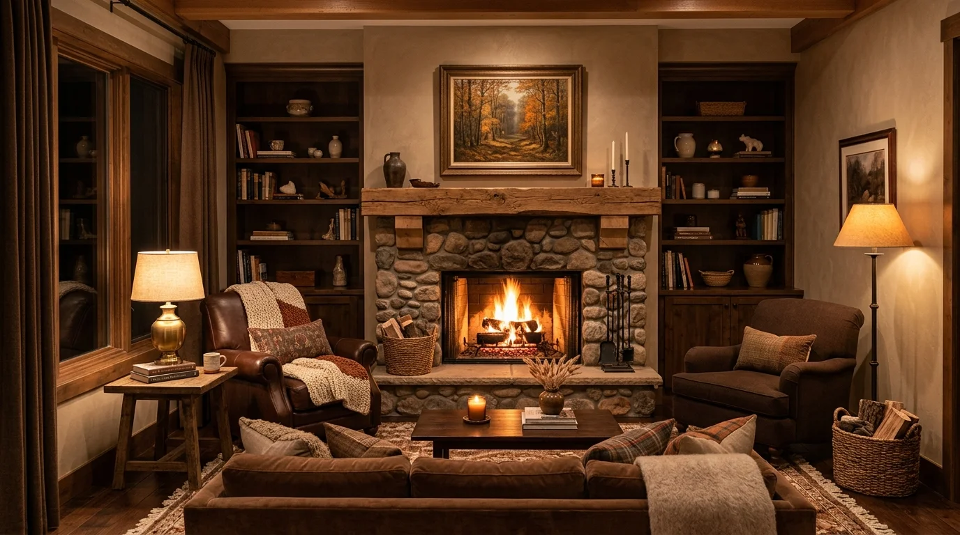 A living room with a fireplace and brown decor elements warm ambient lighting cozy welcoming atmosphere no people