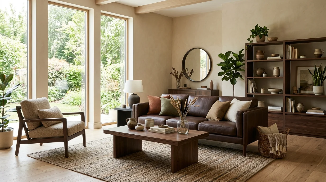 A space with a neutral base accented by deep brown furniture bright natural light harmonious earth toned look no people