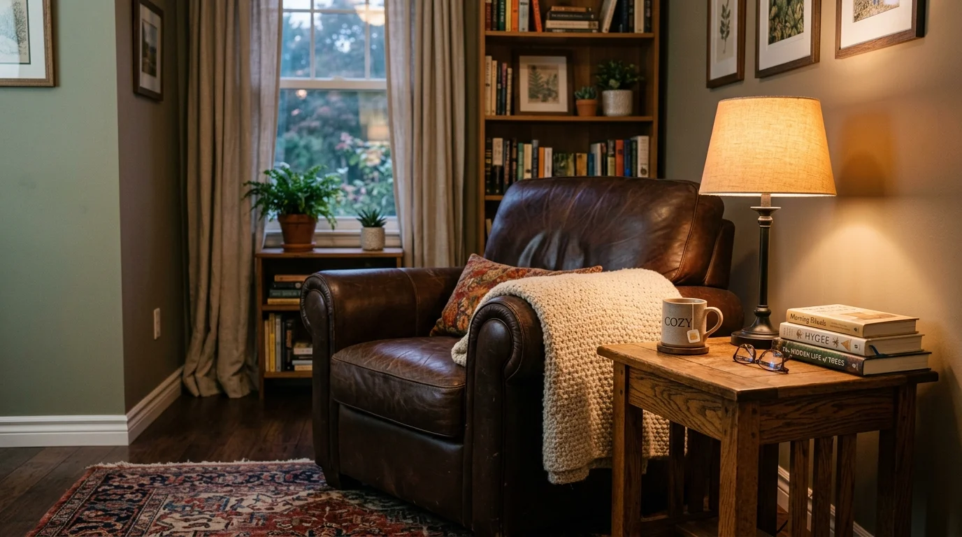 A cozy corner with a brown armchair and a small wooden side table warm lighting relaxing nook no people