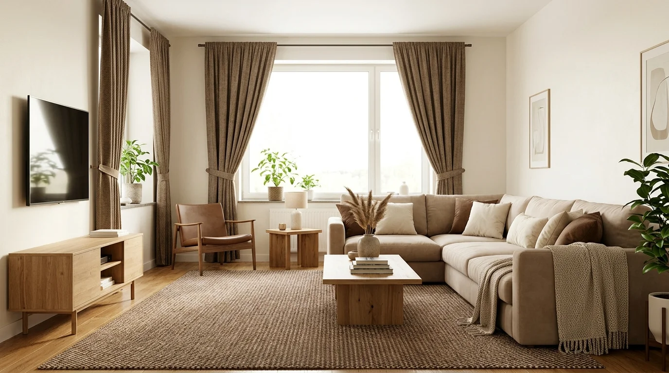 A living room with brown curtains and rugs paired with simple decor bright natural daylight cohesive warm design no people