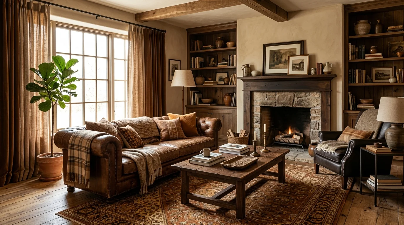 A room with layered textures including leather wood and fabric in brown tones bright lighting rich cozy atmosphere no people