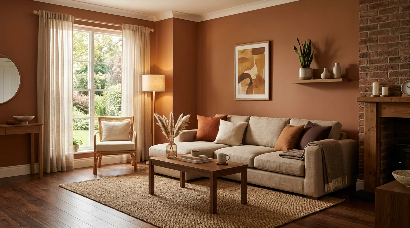 A warm brown living room with soft lighting and minimal decor creating a calm inviting environment no people