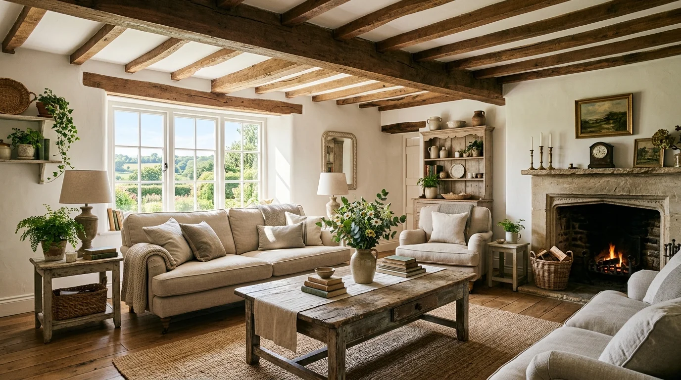 A rustic living room with exposed wooden beams a distressed wood coffee table and neutral upholstered seating bright natural daylight airy country charm no people