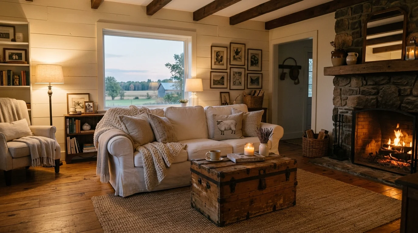 A cozy farmhouse living room with a white slipcovered sofa a vintage trunk coffee table and a woven rug warm soft lighting inviting relaxed atmosphere no people