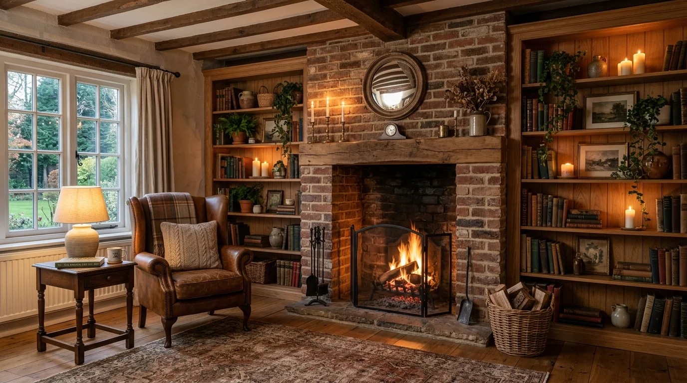 A country living room with a brick fireplace flanked by built in shelves styled with books greenery and candles warm ambient lighting classic rustic appeal no people