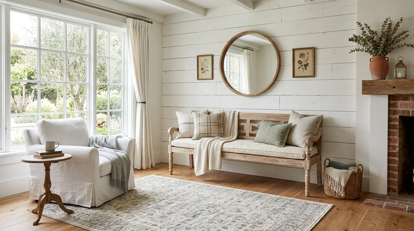 A living room with shiplap walls a wooden bench with layered cushions and a large area rug in muted tones bright natural light welcoming farmhouse style no people