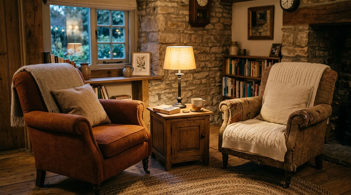 A cozy seating area with two armchairs a small wooden side table and a lamp casting a warm glow soft lighting intimate country nook no people