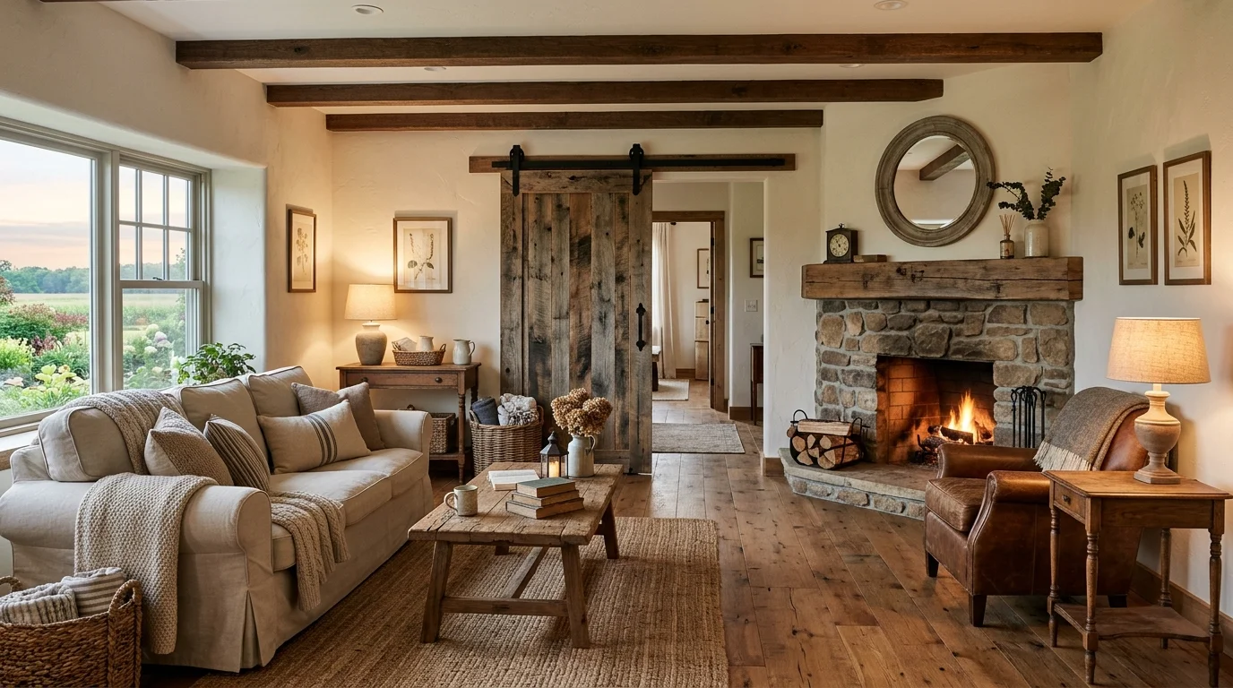 A farmhouse living room with a sliding barn door wooden accents and neutral decor elements warm lighting charming rural aesthetic no people