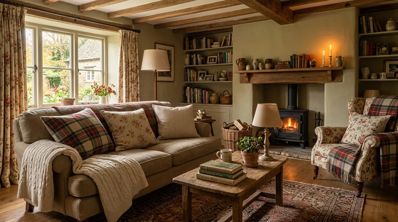 A country living room with a mix of patterns including plaid and floral textiles layered across pillows and throws warm soft lighting cozy lived in feel no people