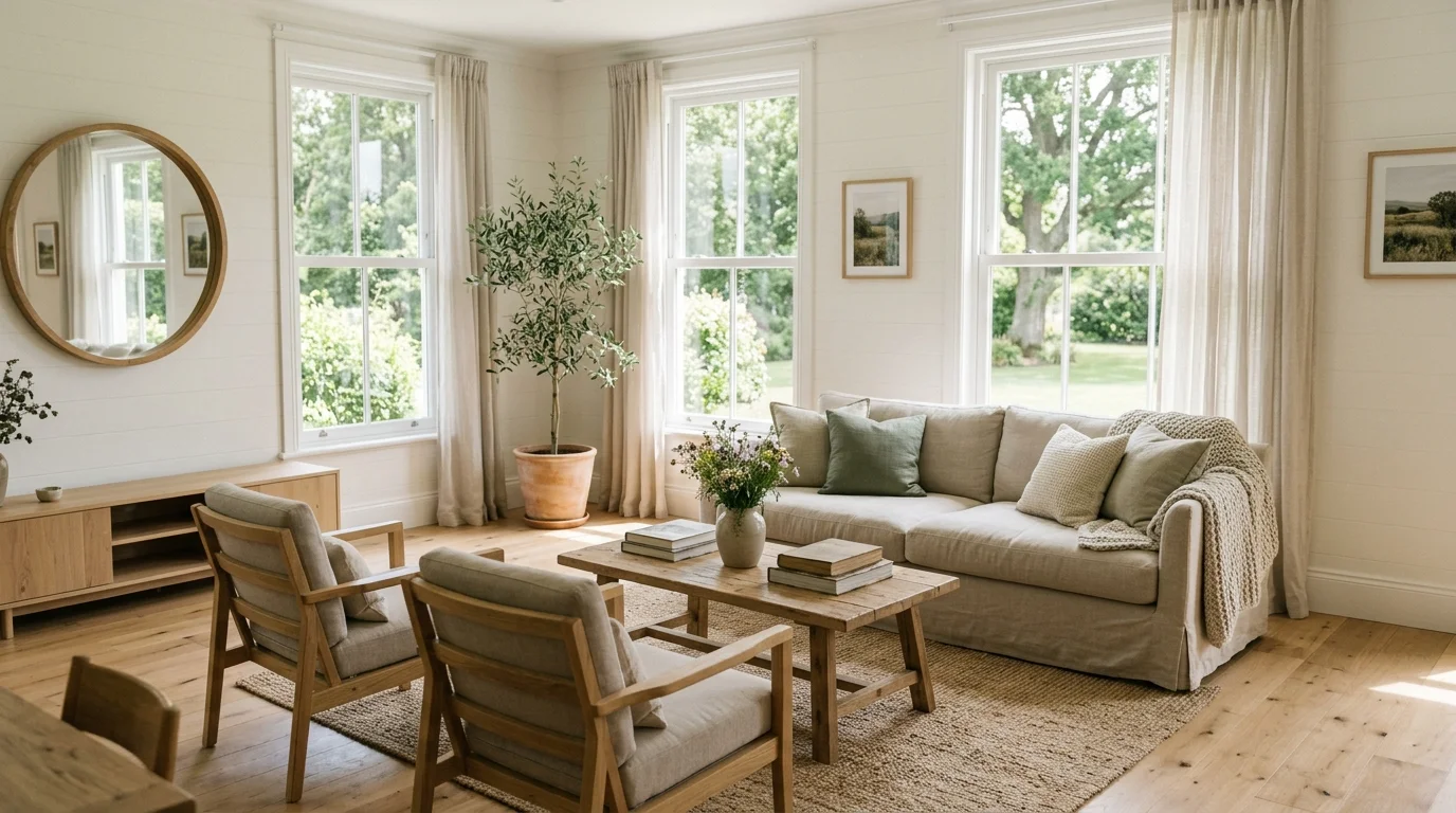 A bright farmhouse living room with large windows letting in sunlight paired with light wood furniture and minimal decor airy natural country vibe no people