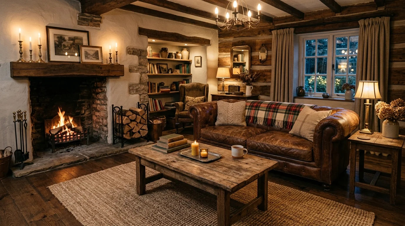 A rustic living room with a leather sofa a wooden coffee table and a jute rug warm lighting rugged cozy country style no people