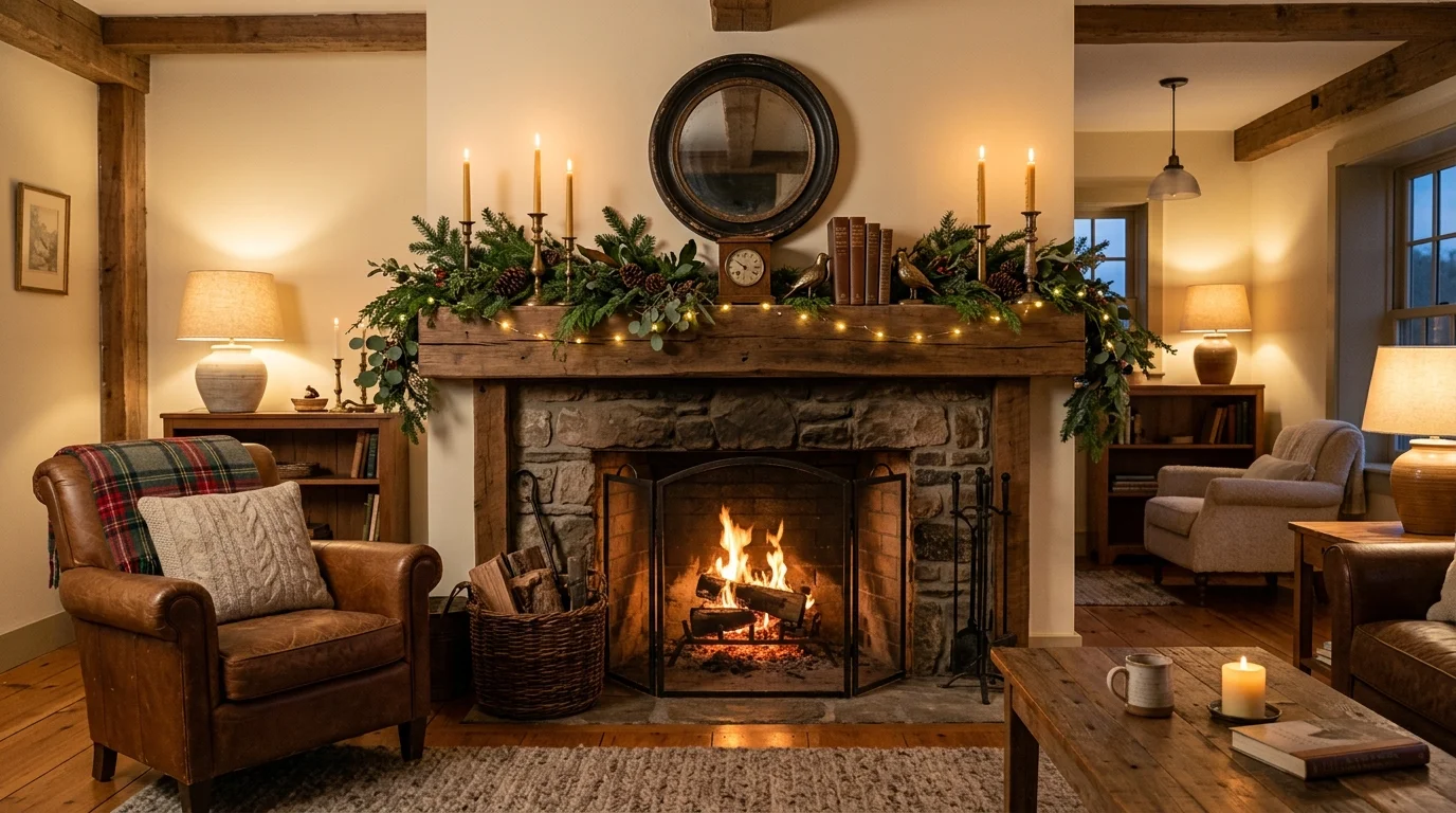 A farmhouse living room with a mantel decorated with greenery candles and vintage accents warm ambient lighting seasonal cozy touch no people