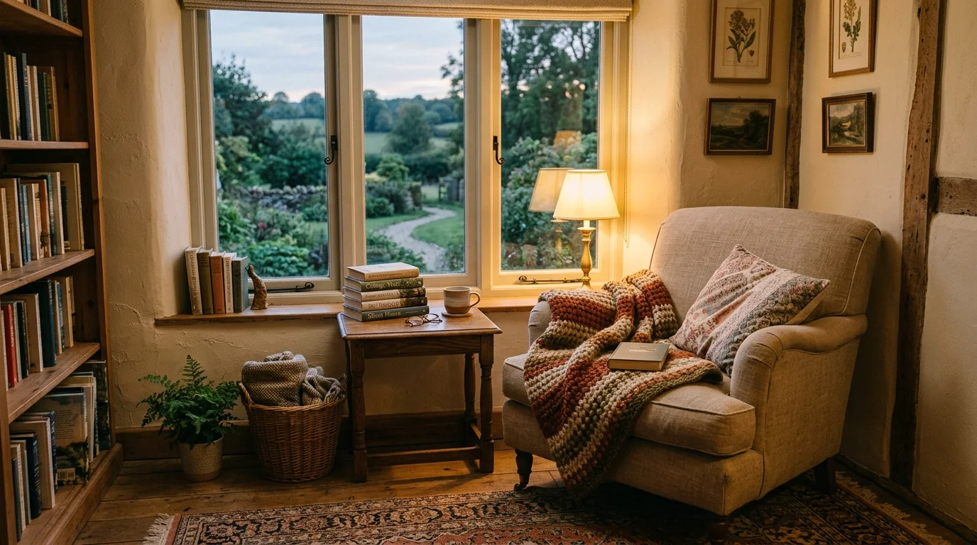 A corner reading nook with a comfy chair layered with a blanket and a small table with books soft warm lighting peaceful country retreat no people