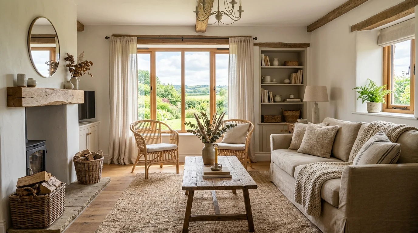 A country living room with a neutral palette layered textures and simple decor bright natural daylight calm inviting atmosphere no people