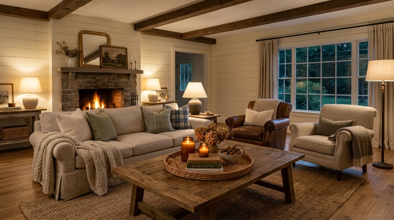 A farmhouse living room with a large coffee table styled with candles books and a tray surrounded by comfortable seating warm lighting cozy gathering space no people