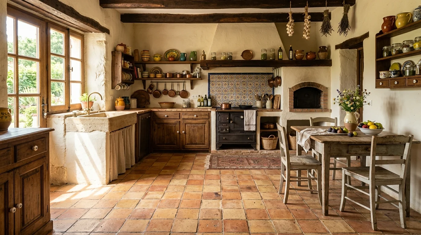 A rustic kitchen with hand laid terracotta tiles in varying tones creating a natural textured floor warm sunlight cozy Mediterranean charm no people