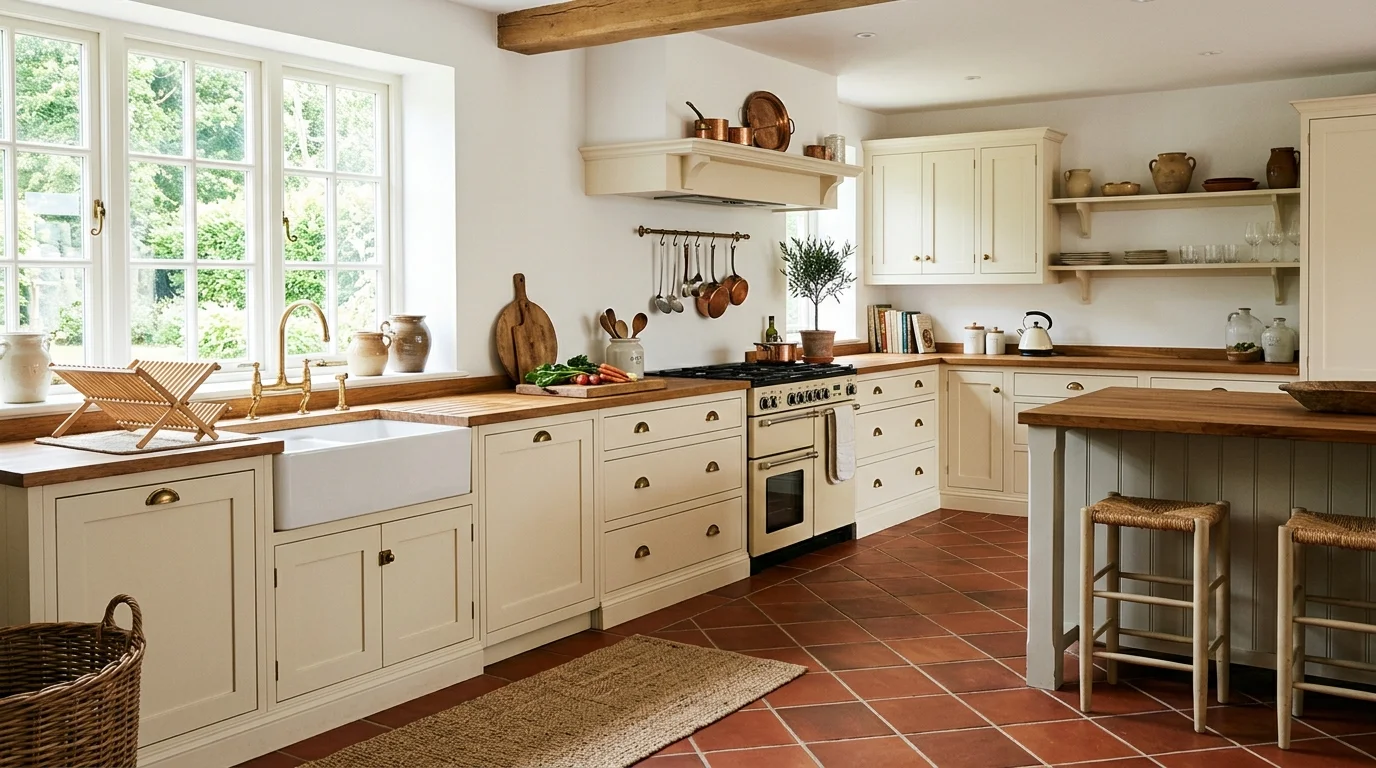 A kitchen with terracotta tiles arranged in a diagonal pattern paired with cream cabinetry bright natural light dynamic classic design no people