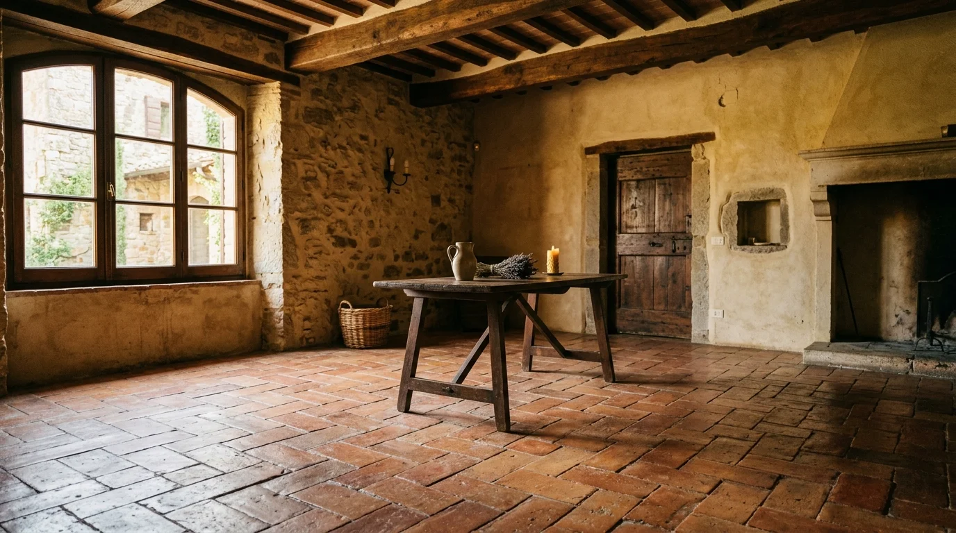 A space with aged terracotta tiles featuring subtle wear patterns adding character warm soft lighting authentic old world feel no people